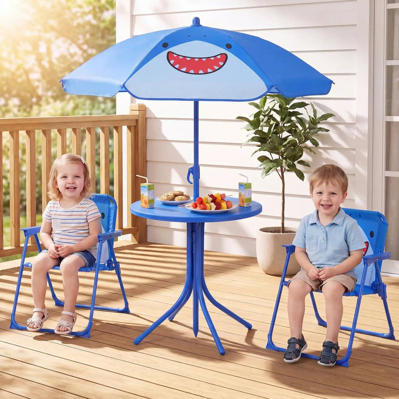 Kids Outdoor Table and Chair Set with 2 Folding Chairs and Height Adjustable Umbrella by DirectDeals