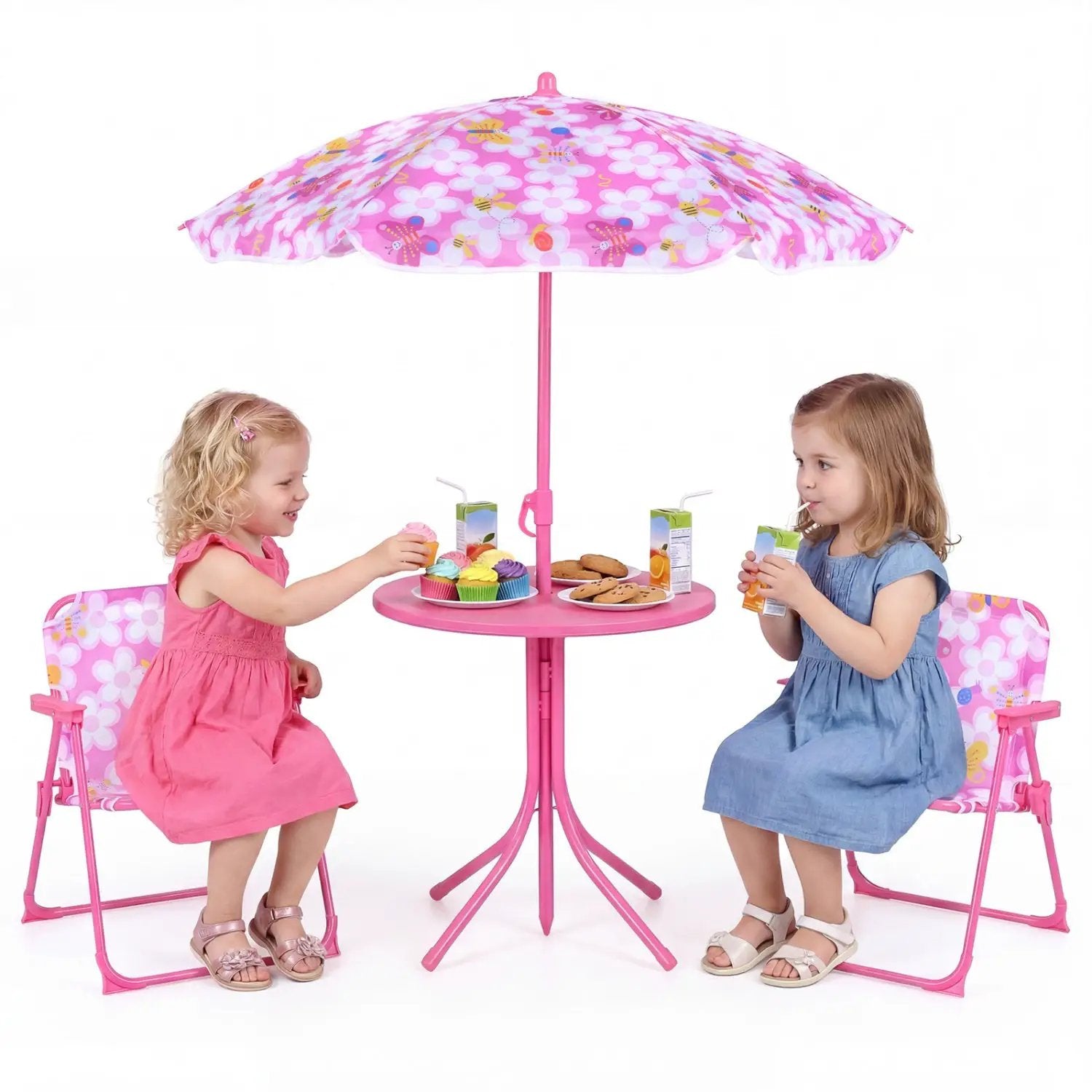 Kids Outdoor Table and Chair Set with 2 Folding Chairs and Height Adjustable Umbrella by DirectDeals