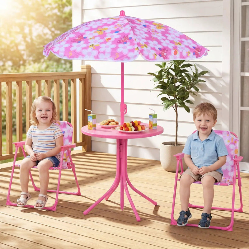 Kids Outdoor Table and Chair Set with 2 Folding Chairs and Height Adjustable Umbrella by DirectDeals