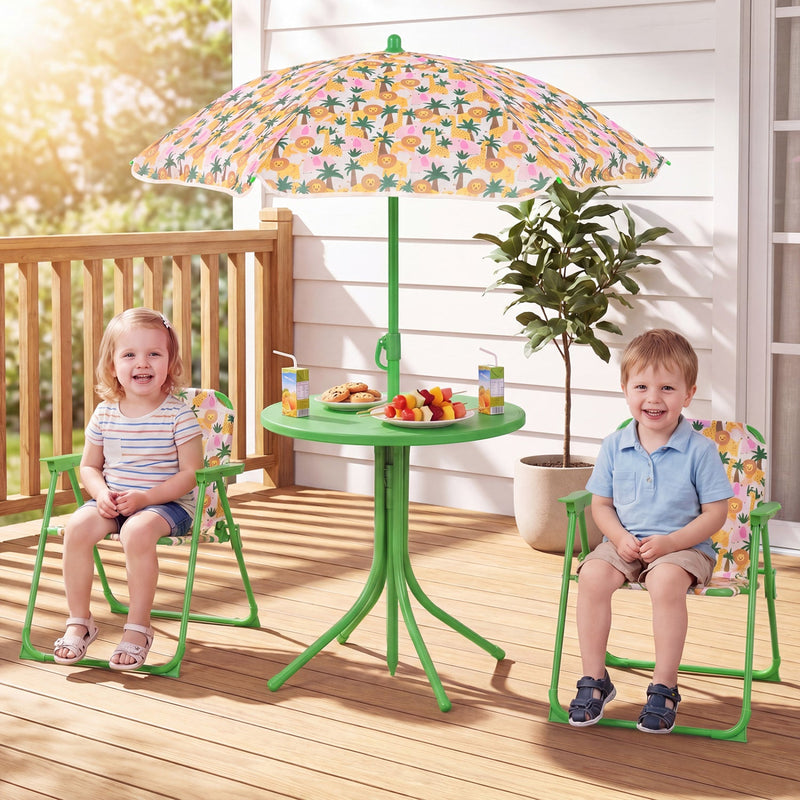 Kids Outdoor Table and Chair Set with 2 Folding Chairs and Height Adjustable Umbrella by DirectDeals