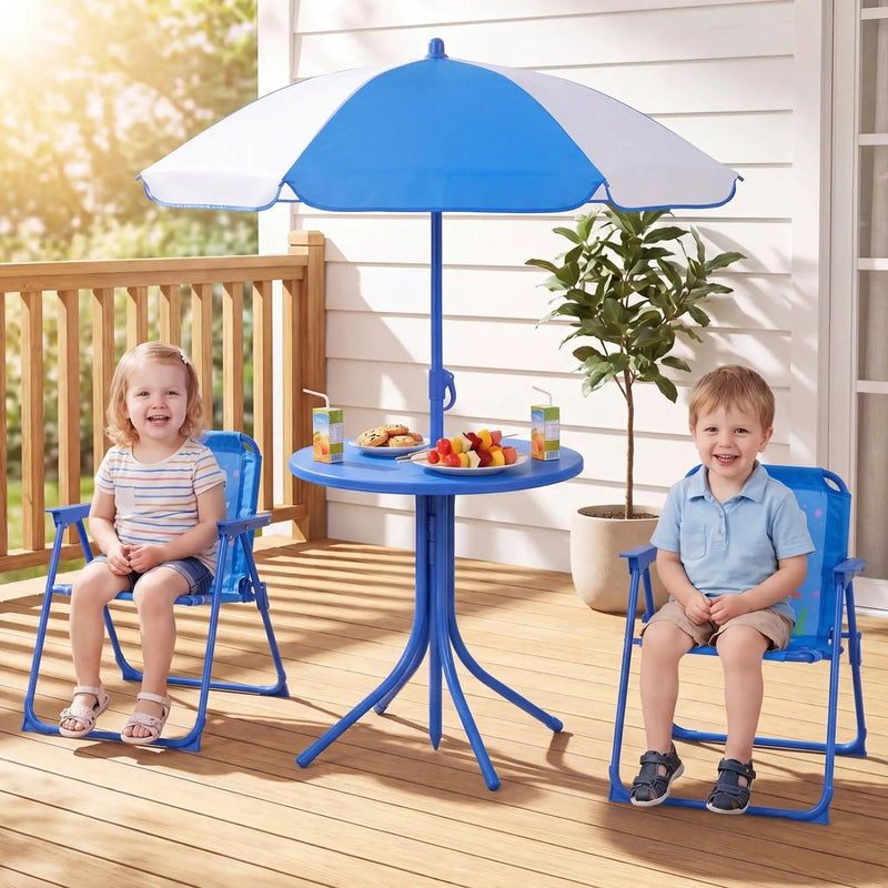 Kids Outdoor Table and Chair Set with 2 Folding Chairs and Height Adjustable Umbrella by DirectDeals