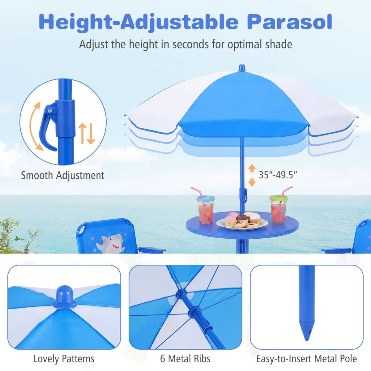 Kids Outdoor Table and Chair Set with 2 Folding Chairs and Height Adjustable Umbrella, photo 24 of 48