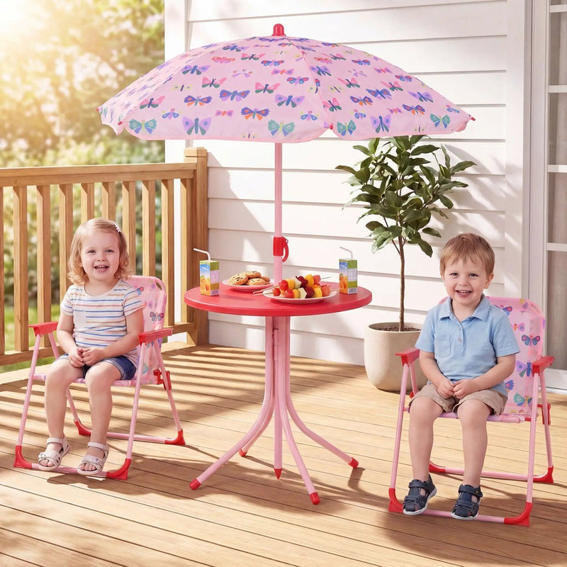 Kids Outdoor Table and Chair Set with 2 Folding Chairs and Height Adjustable Umbrella by DirectDeals