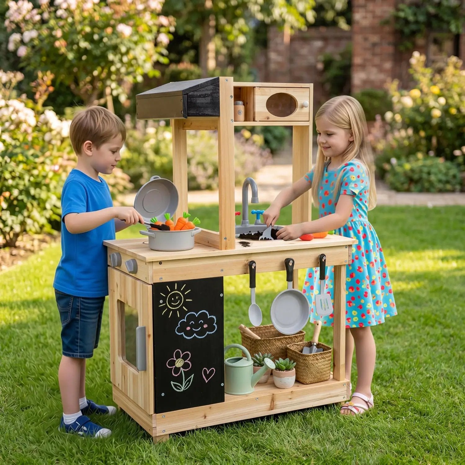 Wooden Mud Kitchen Playset with Stove and Chalkboard by DirectDeals