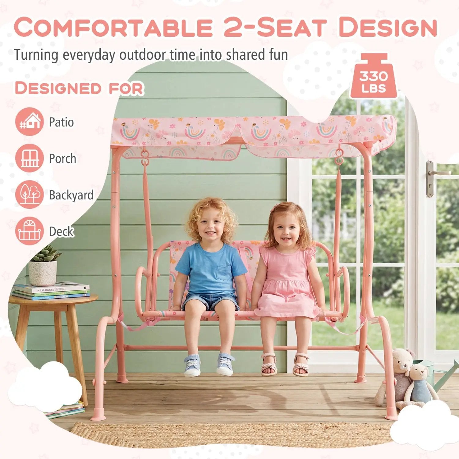 Kids Patio Swing 2-Seater Outdoor Porch Swing Lounge Chair with Adjustable Canopy by DirectDeals