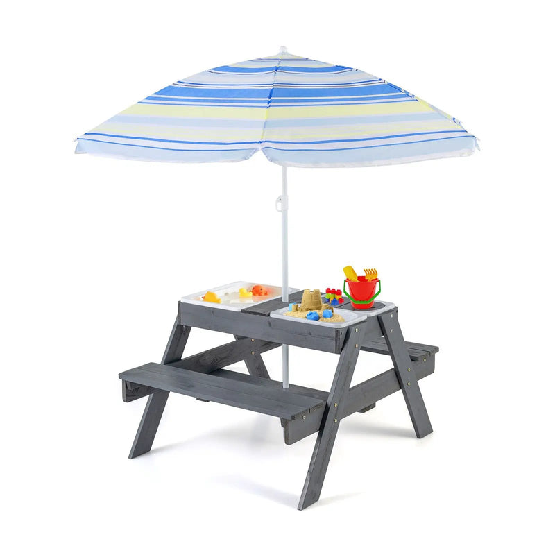 Kids Picnic Table Set with 3 Removable Bins-Gray by DirectDeals