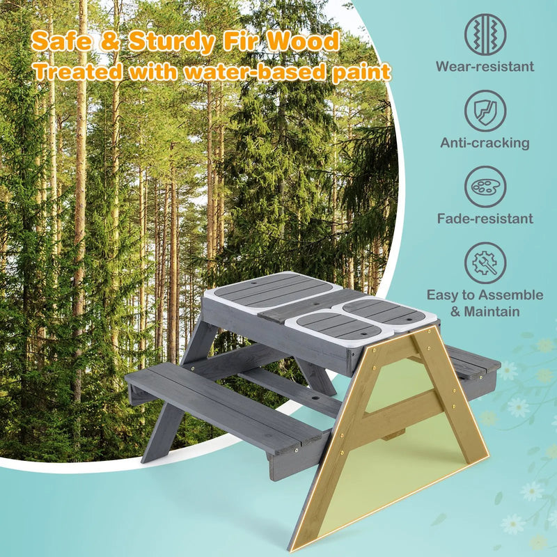 Kids Picnic Table Set with 3 Removable Bins-Gray by DirectDeals