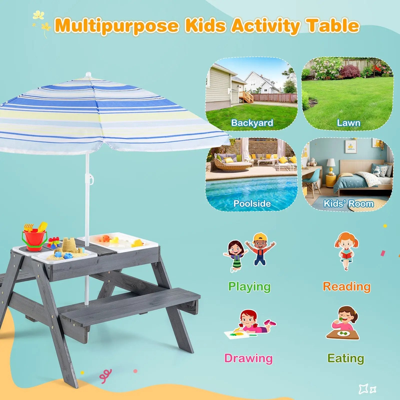 Kids Picnic Table Set with 3 Removable Bins-Gray by DirectDeals