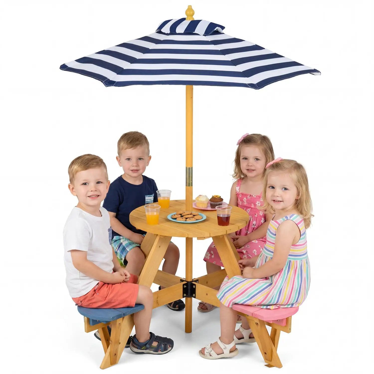 Kids Picnic Table with Stools and Foldable Adjustable Umbrella for Backyard and Patio by DirectDeals