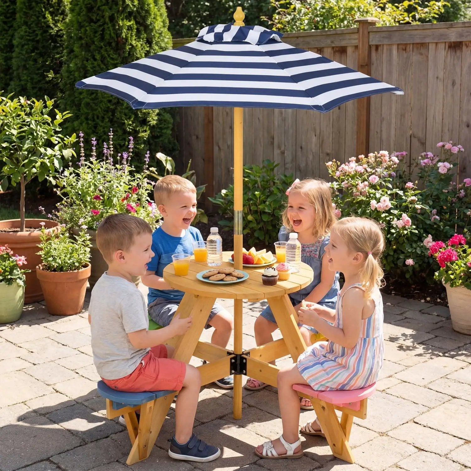 Kids Picnic Table with Stools and Foldable Adjustable Umbrella for Backyard and Patio by DirectDeals