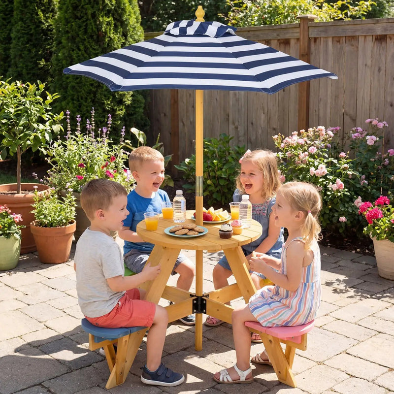 Kids Picnic Table with Stools and Foldable Adjustable Umbrella for Backyard and Patio by DirectDeals