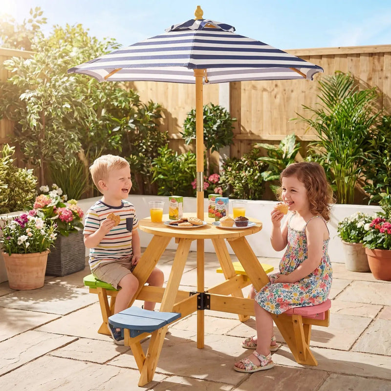Kids Picnic Table with Stools and Foldable Adjustable Umbrella for Backyard and Patio by DirectDeals