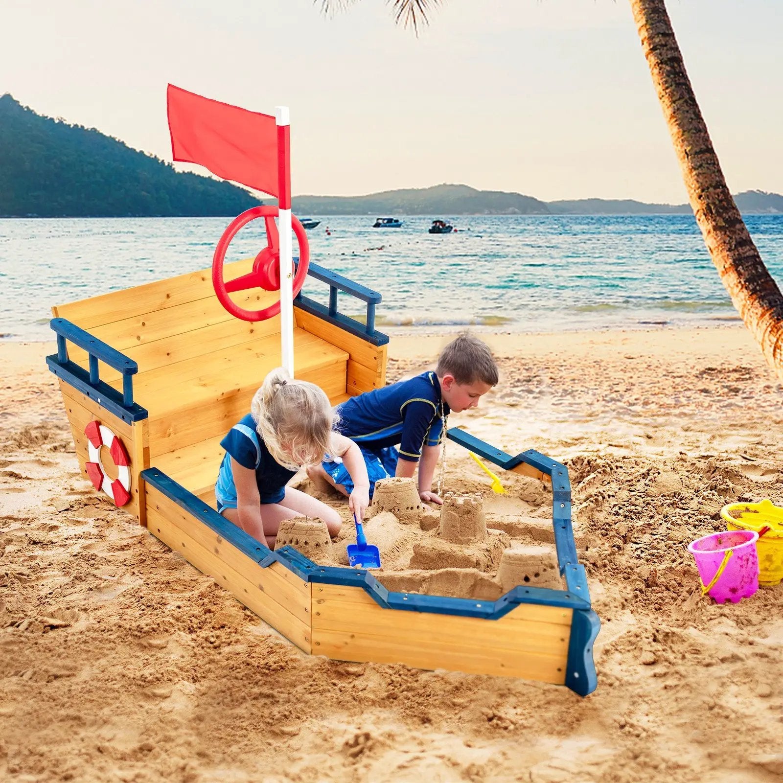 Kids Pirate Boat Wooden Sandbox Children Outdoor Playset by DirectDeals