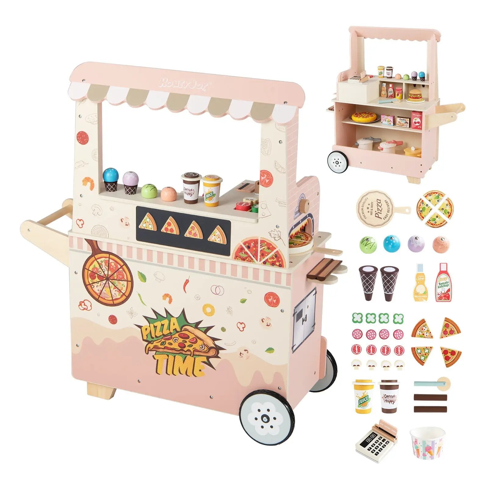 Kids Pizza Food Truck Wooden Pretend Play Snack Cart with Oven-Pink by DirectDeals