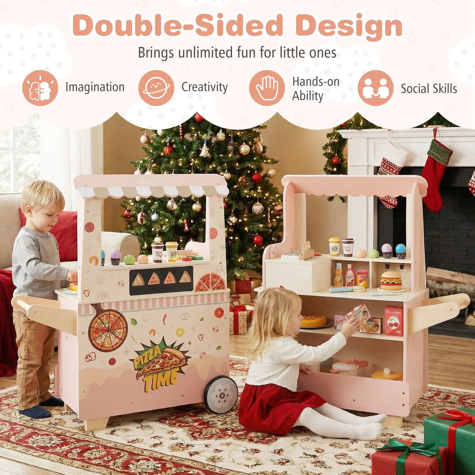 Kids Pizza Food Truck Wooden Pretend Play Snack Cart with Oven-Pink by DirectDeals