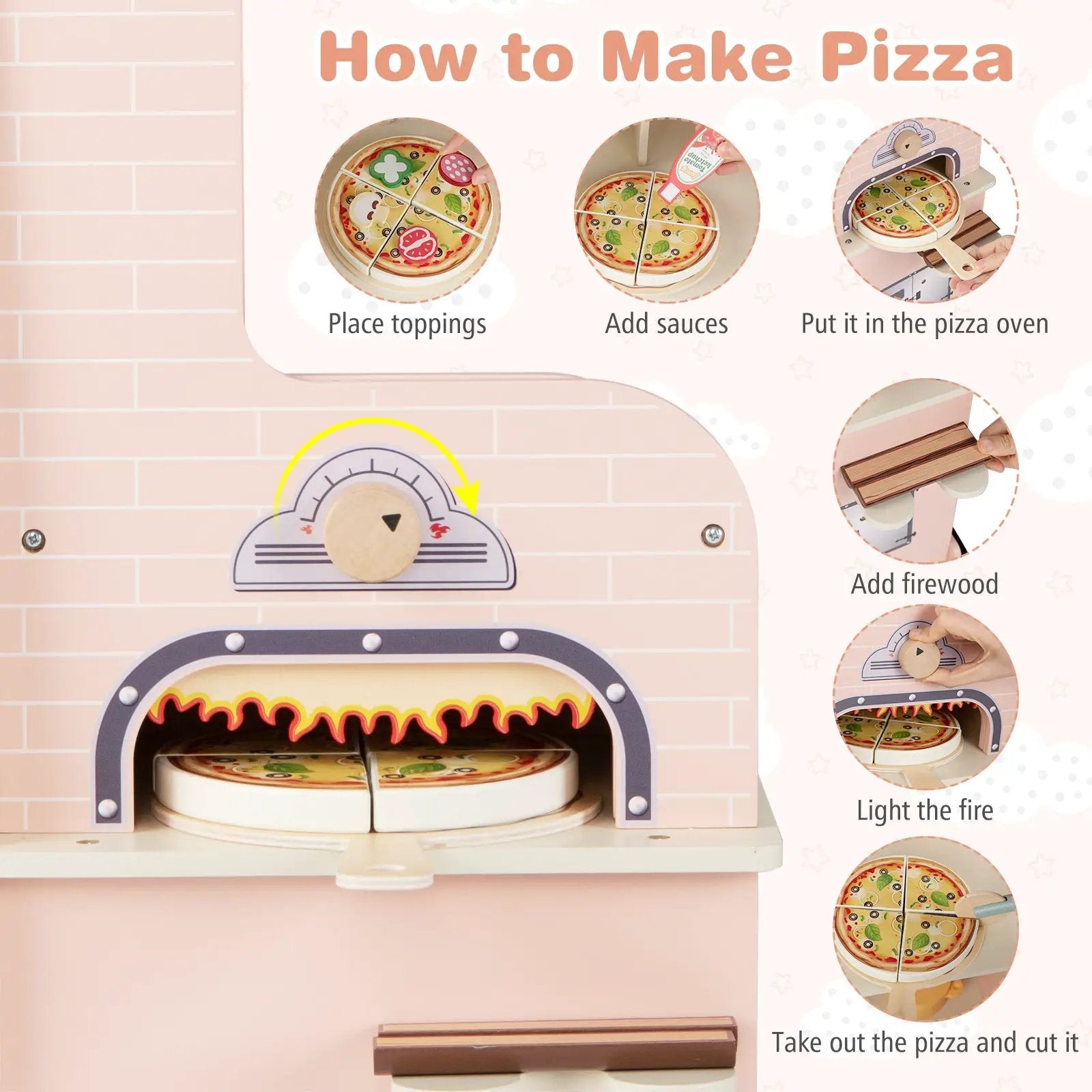 Kids Pizza Food Truck Wooden Pretend Play Snack Cart with Oven-Pink by DirectDeals