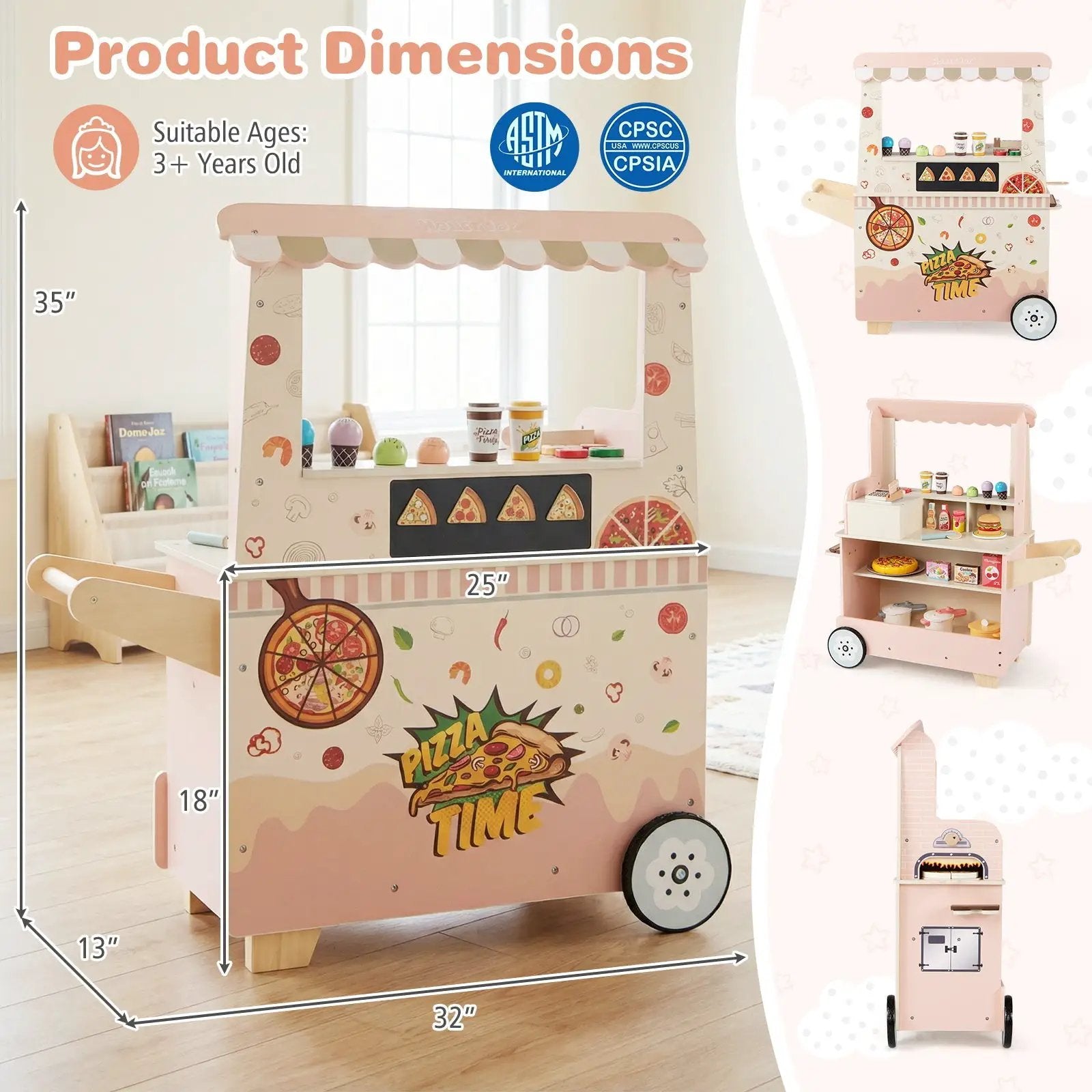 Kids Pizza Food Truck Wooden Pretend Play Snack Cart with Oven-Pink by DirectDeals