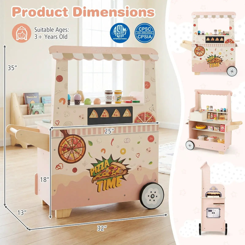 Kids Pizza Food Truck Wooden Pretend Play Snack Cart with Oven-Pink by DirectDeals