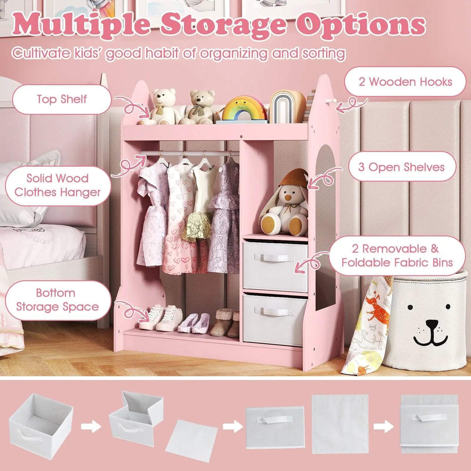 Kids Play Armoire Dresser with Cloth Hanger-Pink by DirectDeals
