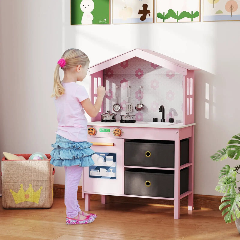 Kids Play Kitchen Children Toy Kitchen Playset with 2 Stoves and Rotation Knobs by DirectDeals