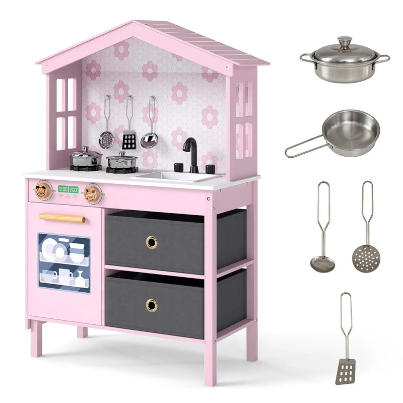Kids Play Kitchen Children Toy Kitchen Playset with 2 Stoves and Rotation Knobs by DirectDeals