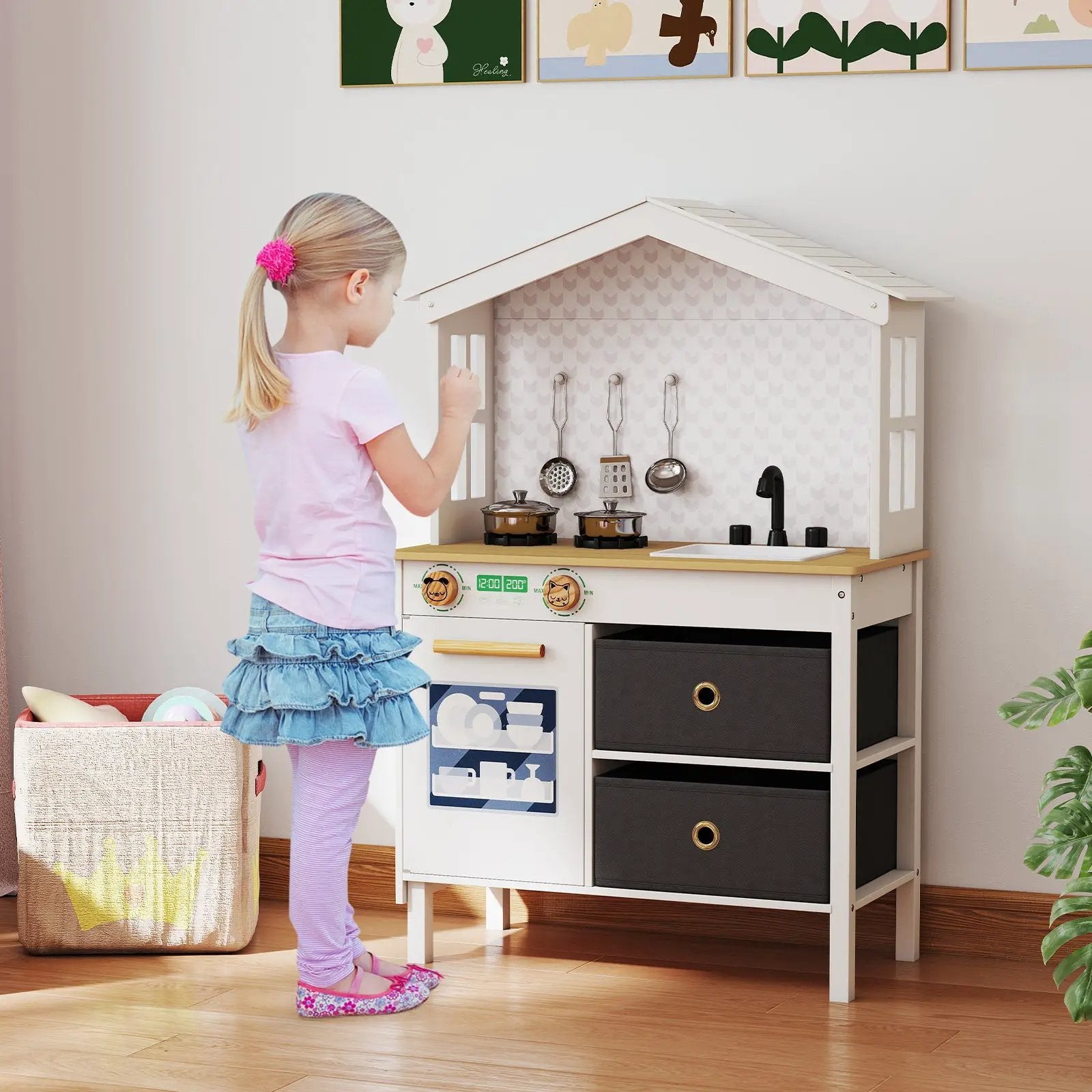Kids Play Kitchen Children Toy Kitchen Playset with 2 Stoves and Rotation Knobs by DirectDeals