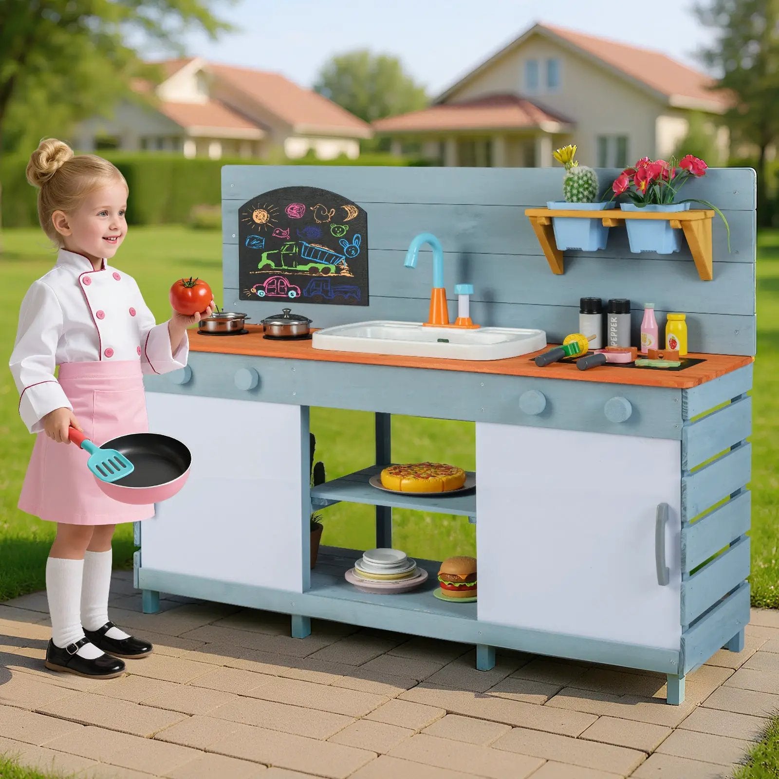 Kids Play Kitchen Set with Stoves for Boys Girls Aged 3-8-Blue by DirectDeals