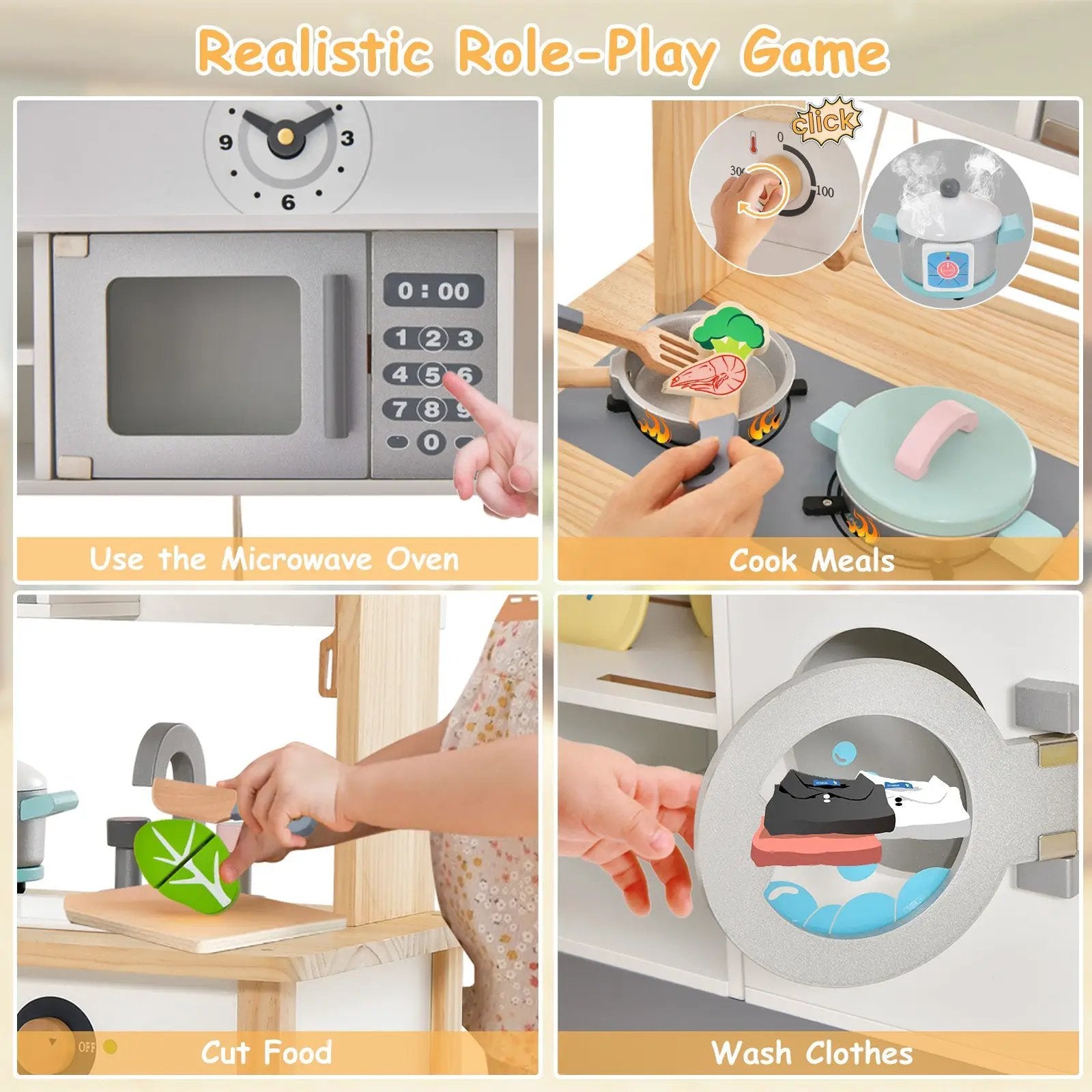Wooden Pretend Kids Play Kitchen Set with Cooking Accessories by DirectDeals