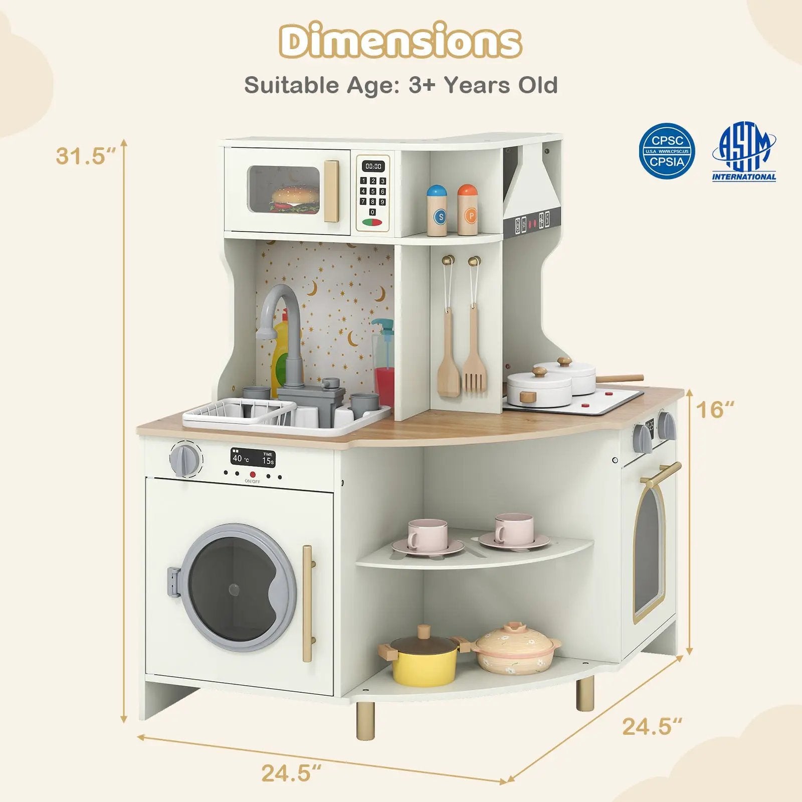 Kids Play Kitchen Wooden Corner Kitchen Playset with Working Faucet and Sink-Beige by DirectDeals