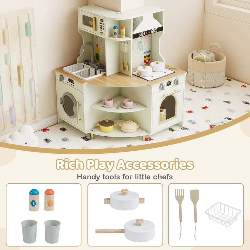 Kids Play Kitchen Wooden Corner Kitchen Playset with Working Faucet and Sink-Beige by DirectDeals