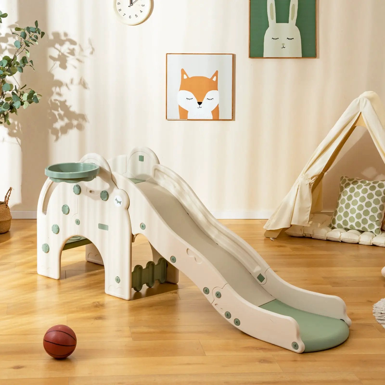 4-in-1 Toddler Slide Kids Play Slide with Cute Elephant Shape-Green by DirectDeals