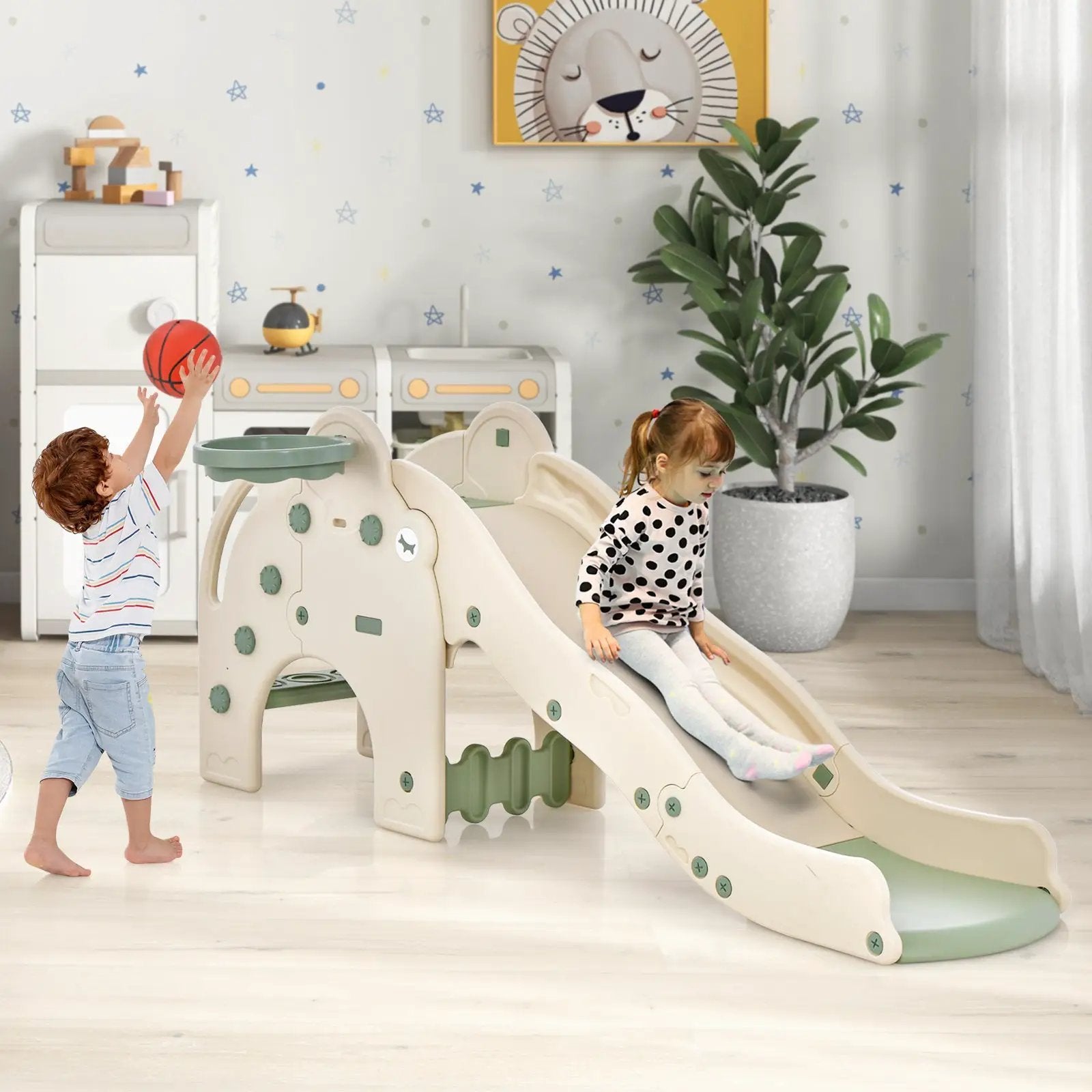 4-in-1 Toddler Slide Kids Play Slide with Cute Elephant Shape-Green by DirectDeals