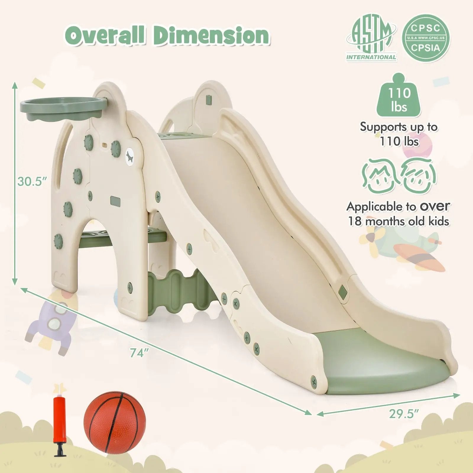 4-in-1 Toddler Slide Kids Play Slide with Cute Elephant Shape-Green by DirectDeals
