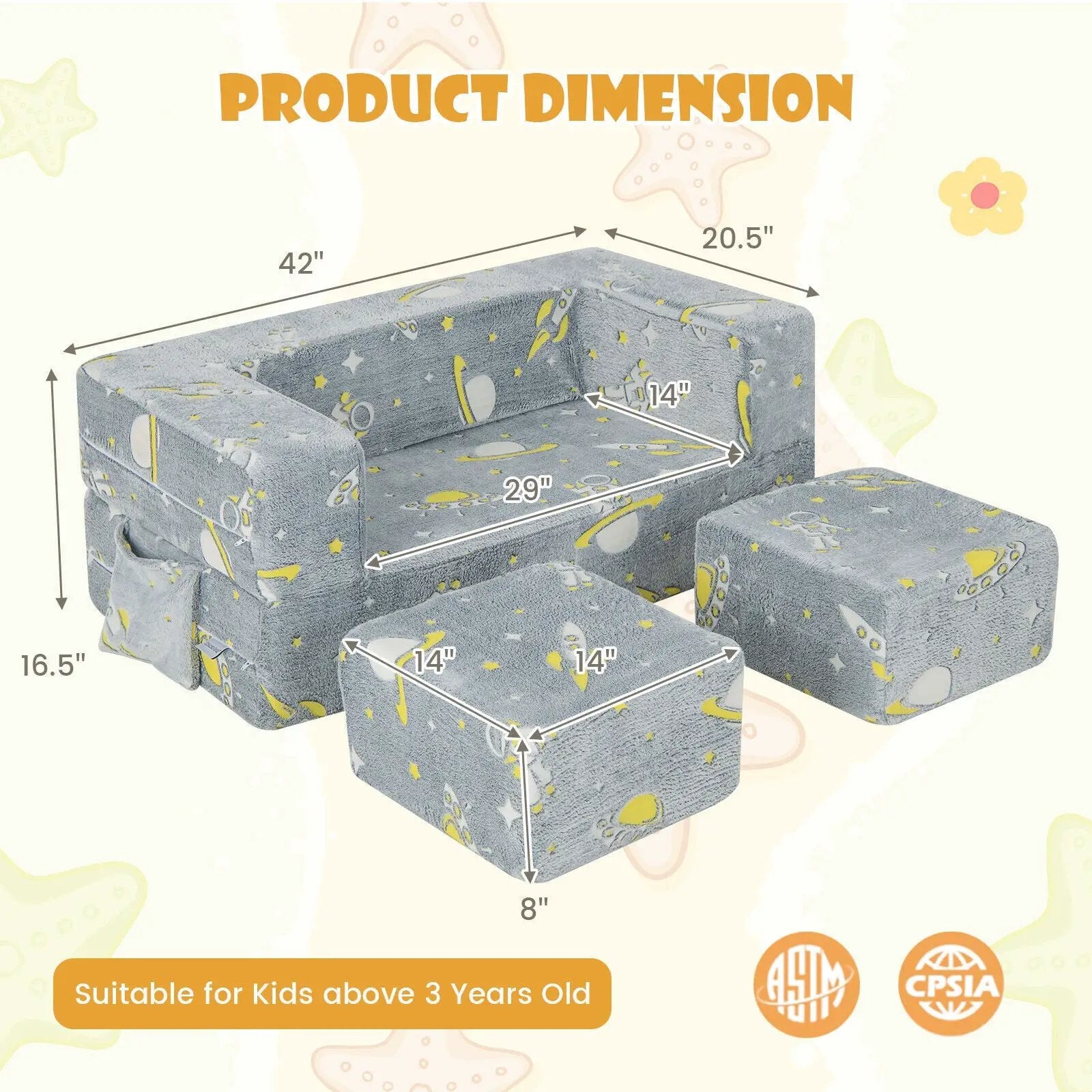 Kids Play Sofa with Ottoman and Removable & Machine Washable Cover-Gray by DirectDeals