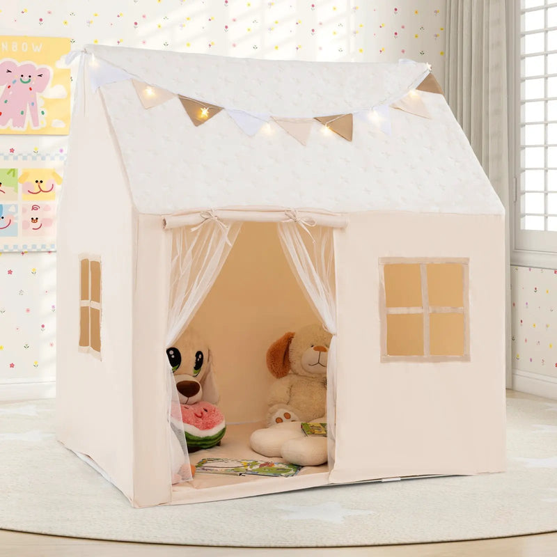 Kids Play Tent Large Playhouse with Glow in the Dark Stars and Mat-Beige by DirectDeals