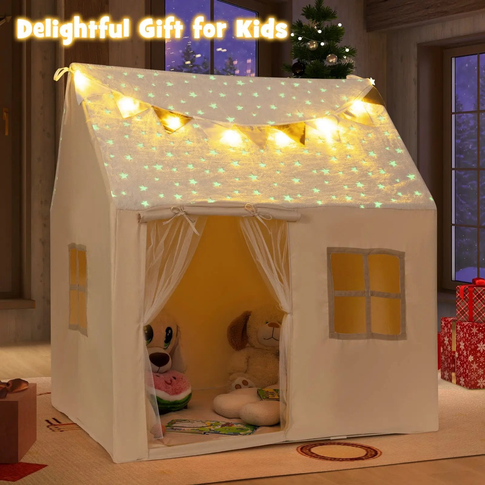 Kids Play Tent Large Playhouse with Glow in the Dark Stars and Mat-Beige by DirectDeals