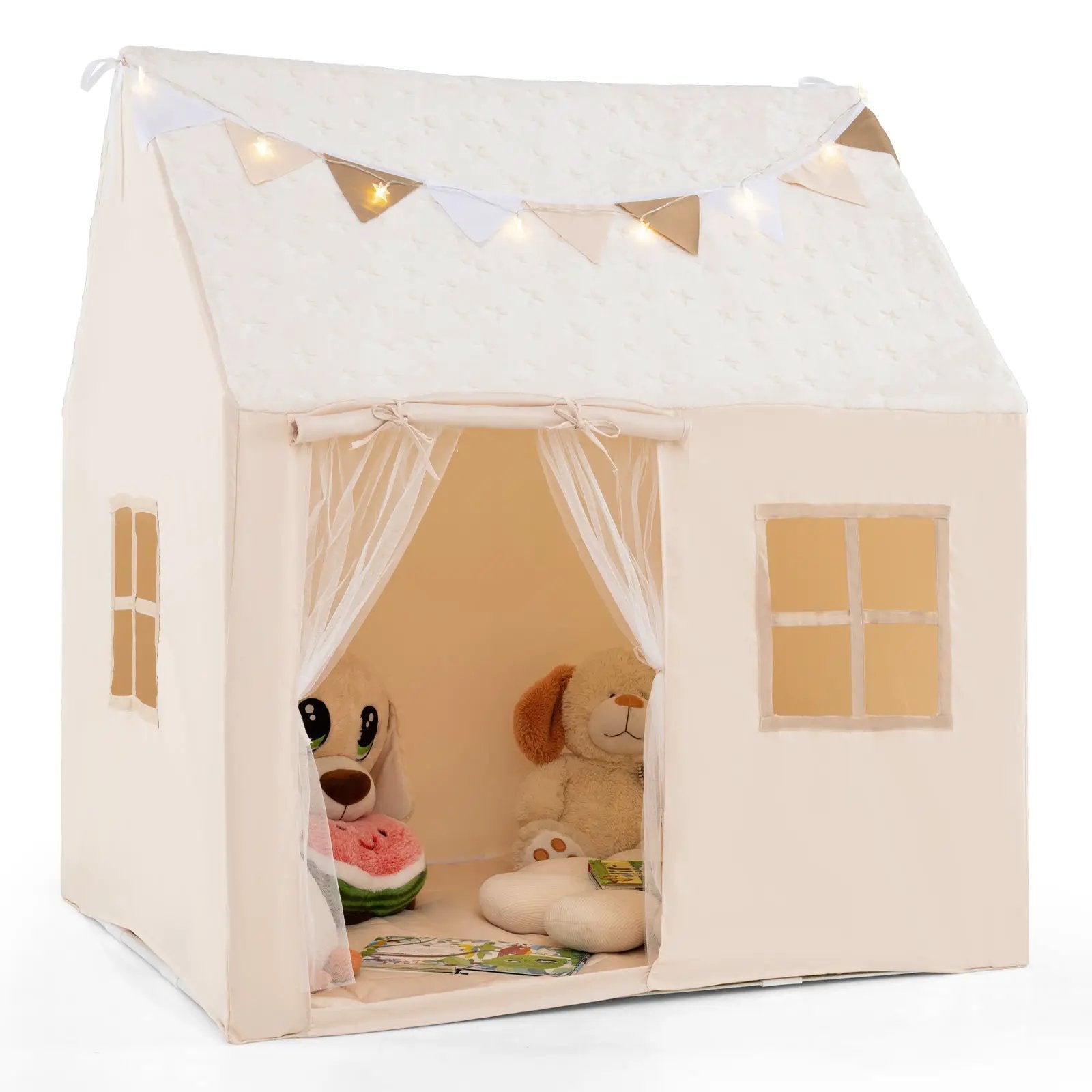 Kids Play Tent Large Playhouse with Glow in the Dark Stars and Mat-Beige by DirectDeals