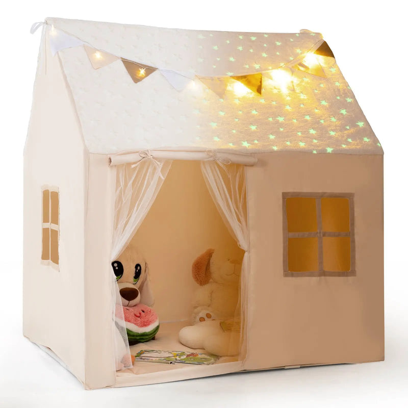 Kids Play Tent Large Playhouse with Glow in the Dark Stars and Mat-Beige by DirectDeals