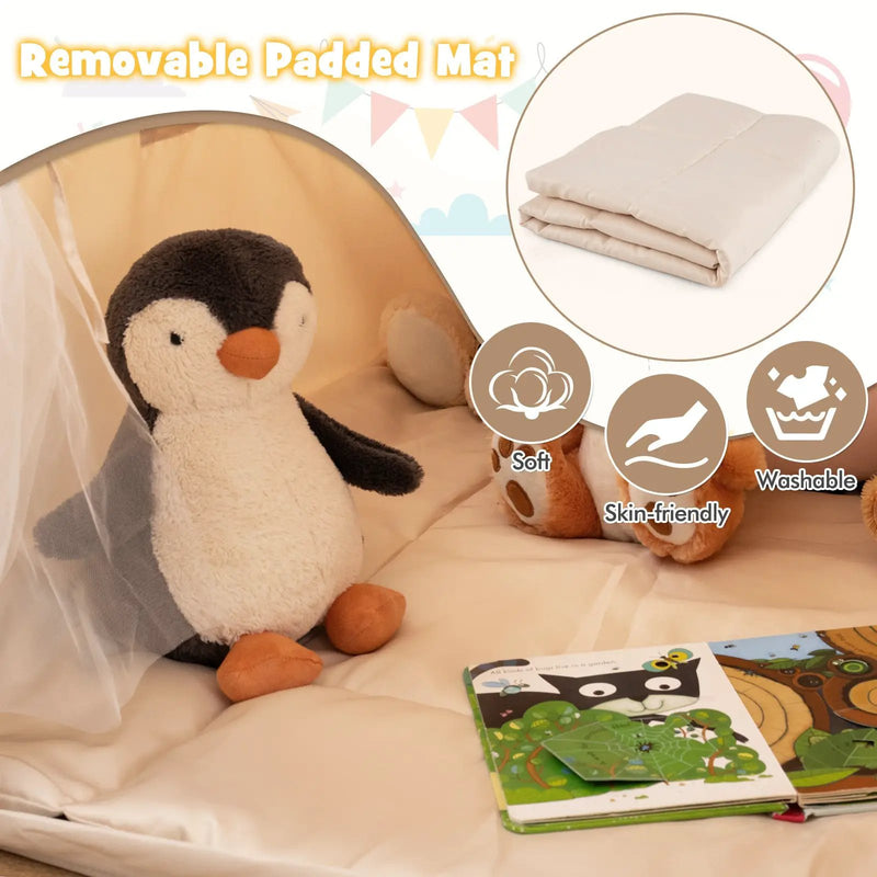 Kids Play Tent Large Playhouse with Glow in the Dark Stars and Mat-Beige by DirectDeals