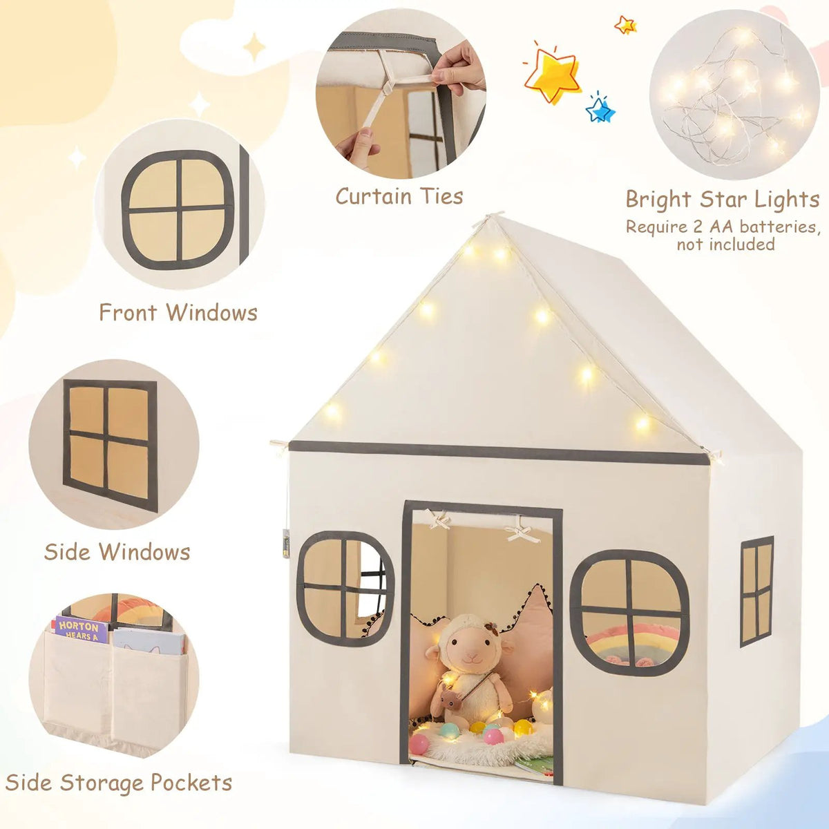 Kids Play Tent Large Playhouse with Door Curtain and Windows Star Lights, photo 12 of 16