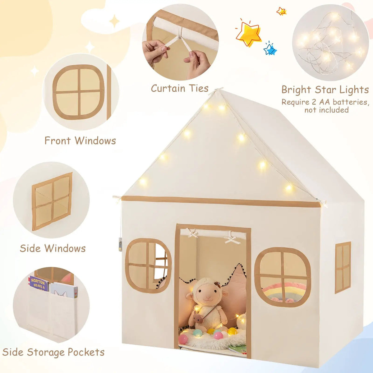 Kids Play Tent Large Playhouse with Door Curtain and Windows Star Lights, photo 15 of 16