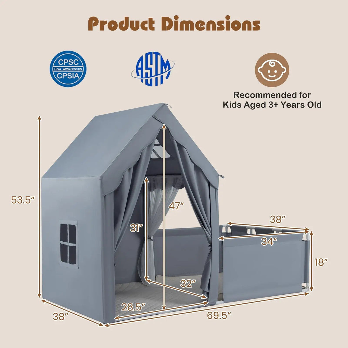 Kids Play Tent with Playpen 2-in-1 Toddler Playhouse with Yard, photo 15 of 24