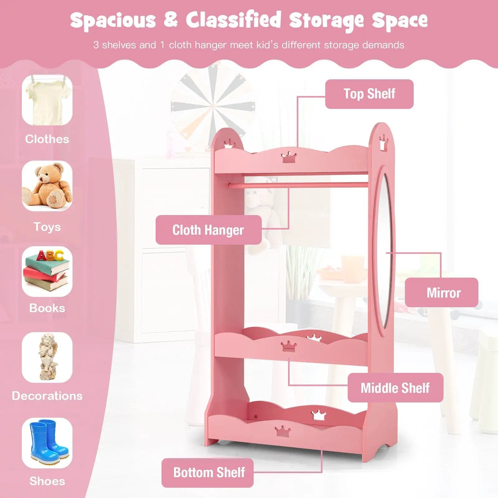 Kids Pretend Costume Closet with Mirror-Pink by DirectDeals