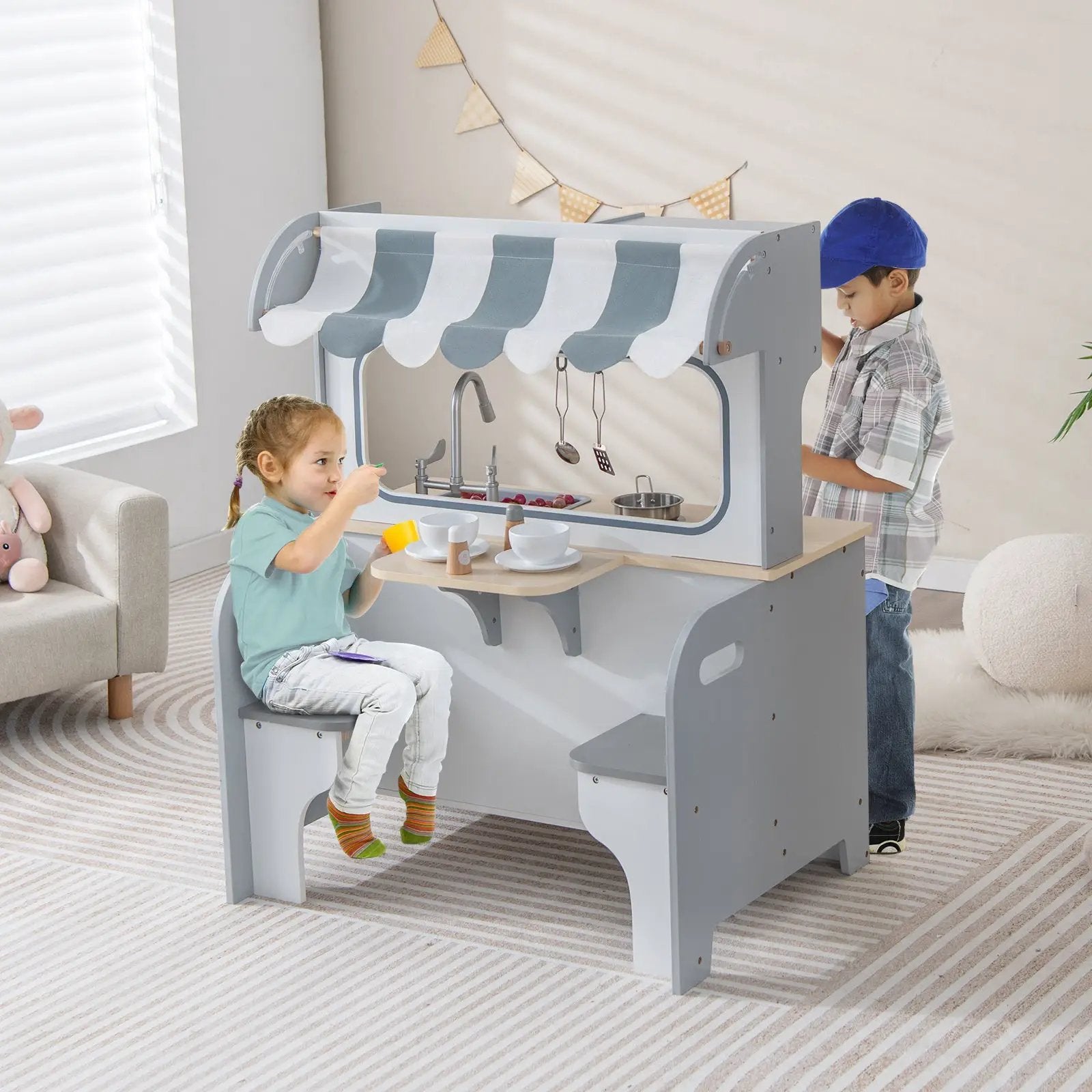 Double Sided Kids Pretend Kitchen Playset with 2-Seat Cafe-Gray by DirectDeals
