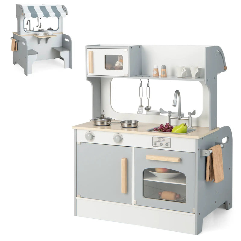 Double Sided Kids Pretend Kitchen Playset with 2-Seat Cafe-Gray by DirectDeals