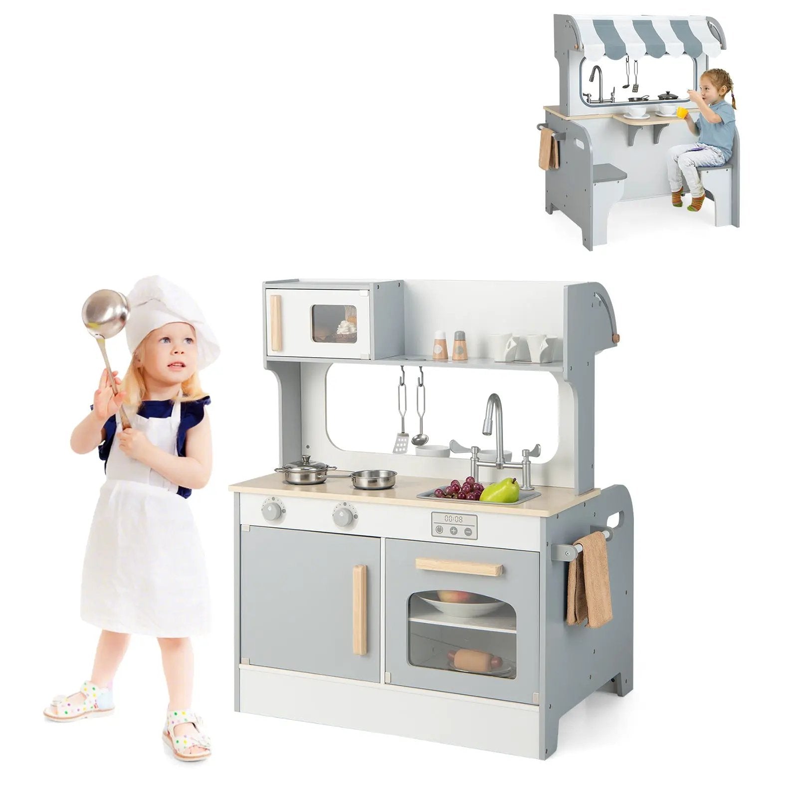 Double Sided Kids Pretend Kitchen Playset with 2-Seat Cafe-Gray by DirectDeals
