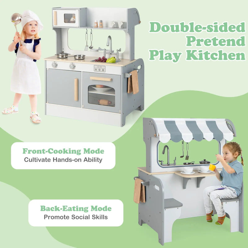 Double Sided Kids Pretend Kitchen Playset with 2-Seat Cafe-Gray by DirectDeals