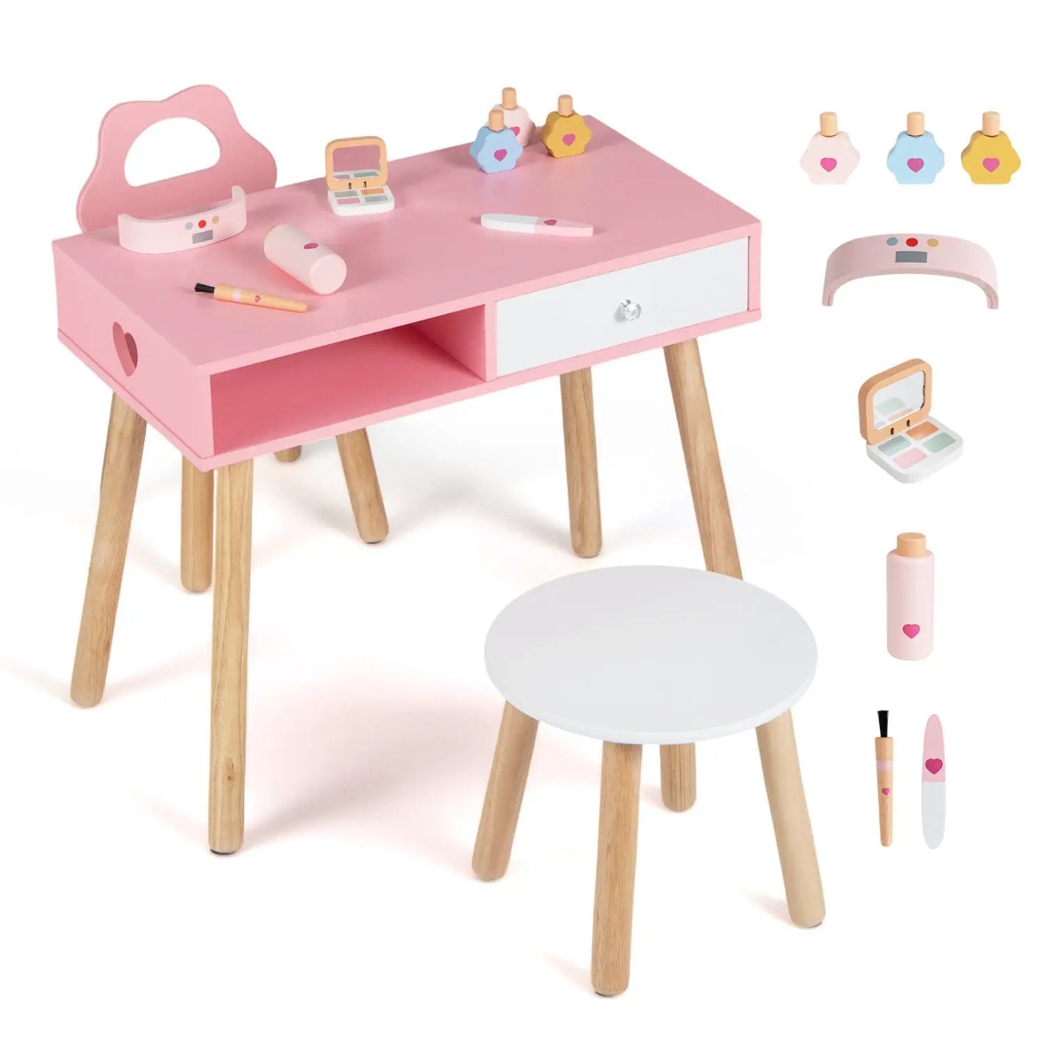 Kids Pretend Nail Salon Playset with Chair and Stool Wooden Toddlers Makeup and Manicure Kit with Eye Shadow by DirectDeals