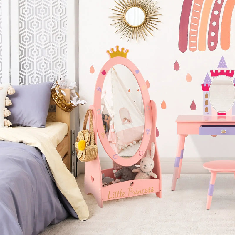 Kids Full Length Mirror with 360 Degree Rotatable Design and Shelf-Pink by DirectDeals