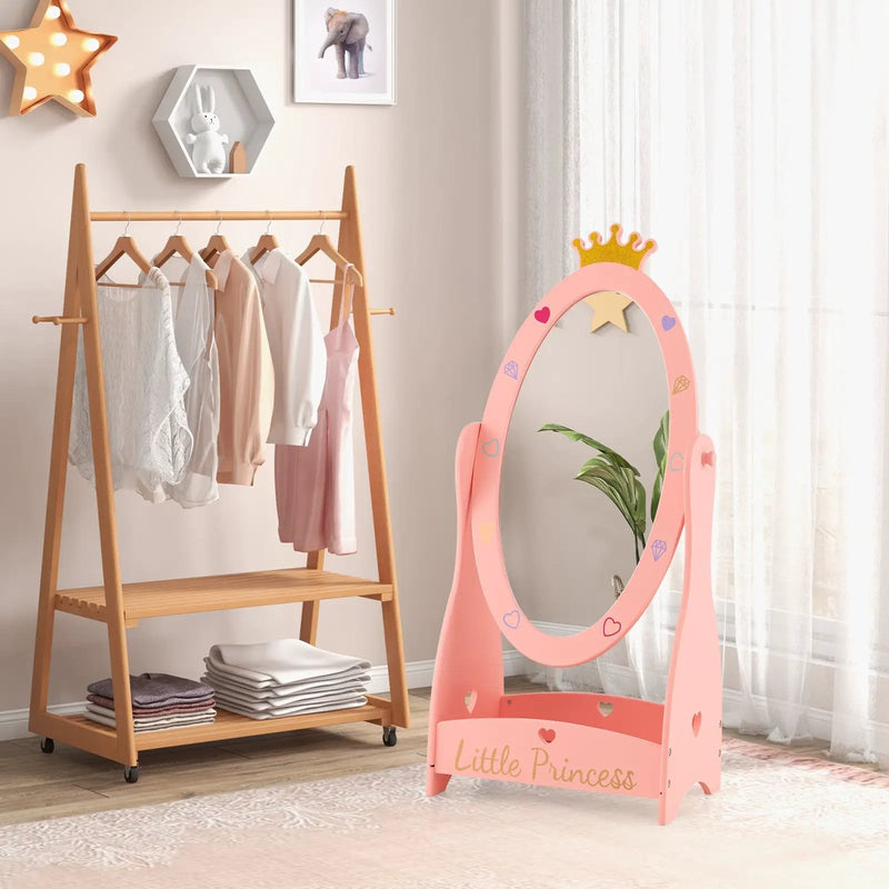 Kids Full Length Mirror with 360 Degree Rotatable Design and Shelf-Pink by DirectDeals